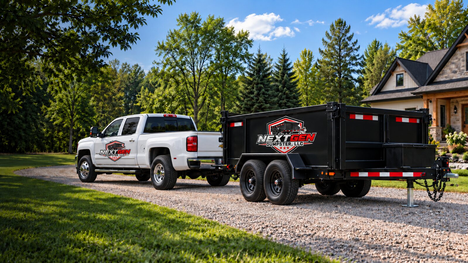 White Chevrolet Silverado 3500HD single-rear-wheel pickup and empty branded black NextGen dumpster trailer on a residential driveway