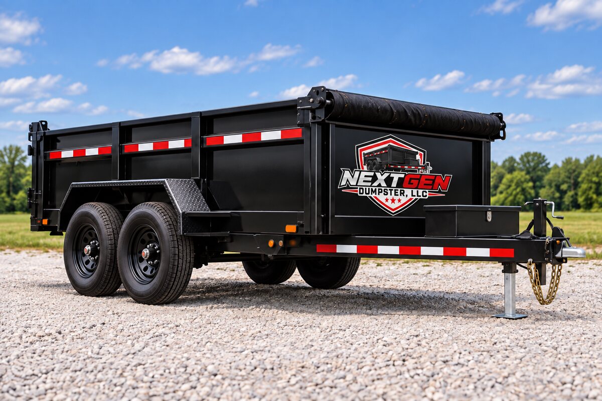 Branded black 10-yard dumpster trailer